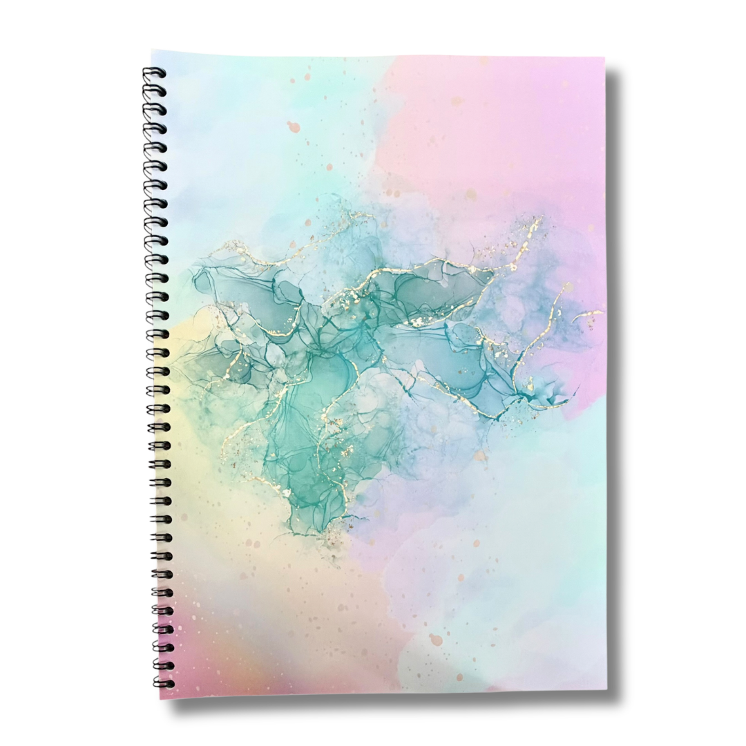 Caiet Aramnotes cu foi velină în nuanțe pastel abstracte, pagini ușor translucide și design artistic pentru notițe și schițe.