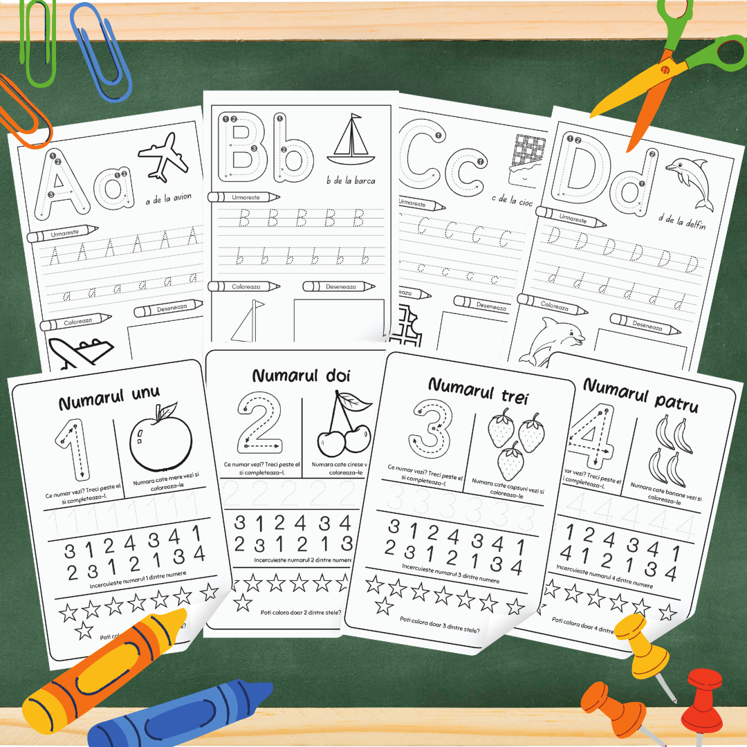Caiet digital de activități ARAM NOTES pentru învățarea alfabetului și cifrelor, pentru copii 3-7 ani, cu pagini colorate și interactive.