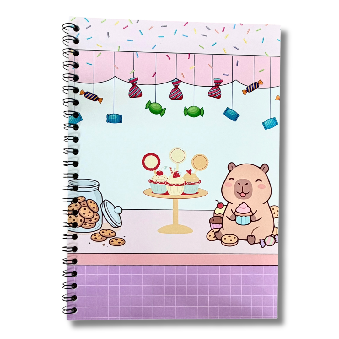 Caiet Foaie Velina Aramnotes cu copertă decorativă cu capybara și model colorat, ideal pentru notițe și desen.