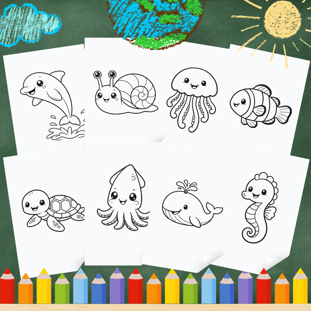 Carte de colorat digitală cu animale acvatice pentru copii 2-5 ani, produs ARAM NOTES, ilustrată cu pești și creaturi marine.
