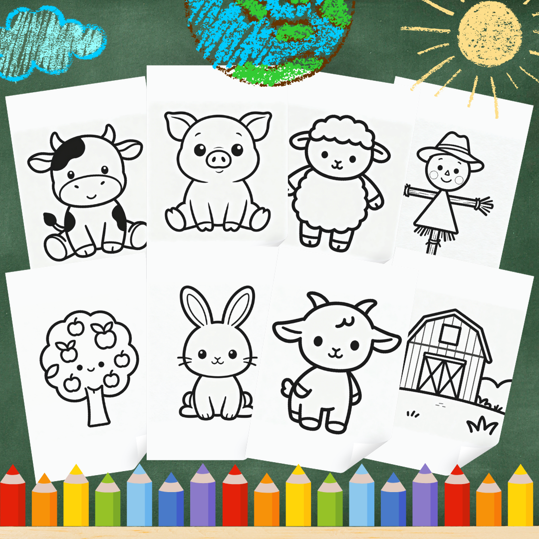 Carte digitală de colorat cu animale de la fermă pentru copii, ilustrată și colorată, de la ARAM NOTES.