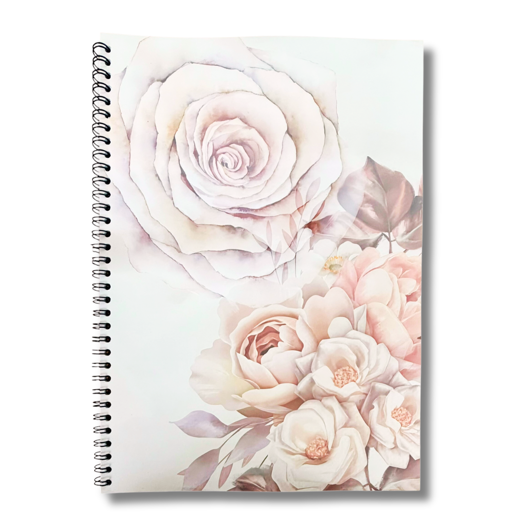 Caiet Foaie Velina Aramnotes cu design floral roz delicat, copertă moale și pagini albe pentru notițe elegante.