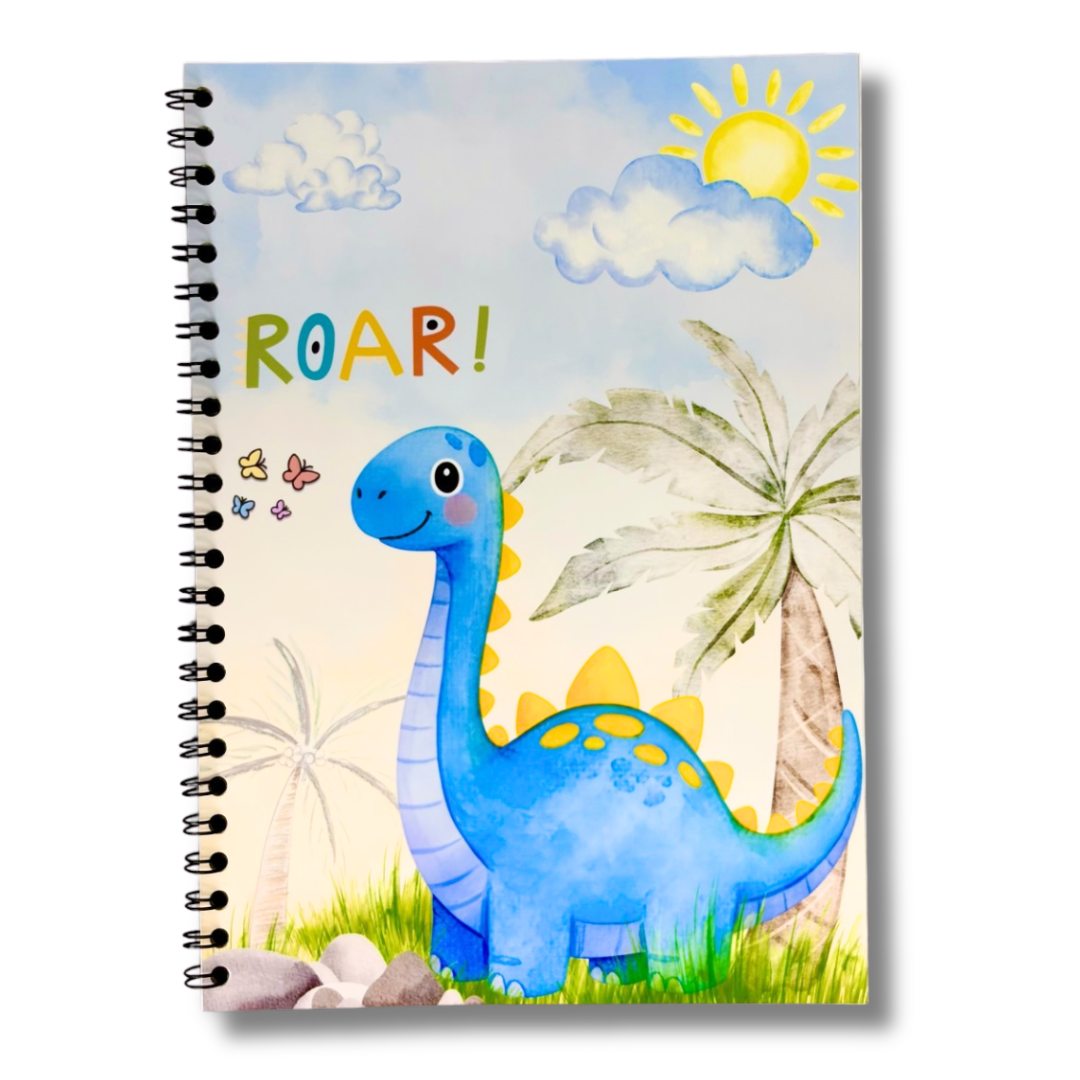 Caiet Aramnotes cu foi velină, copertă cu dinozaur fericit și modele colorate pentru desen și notițe.