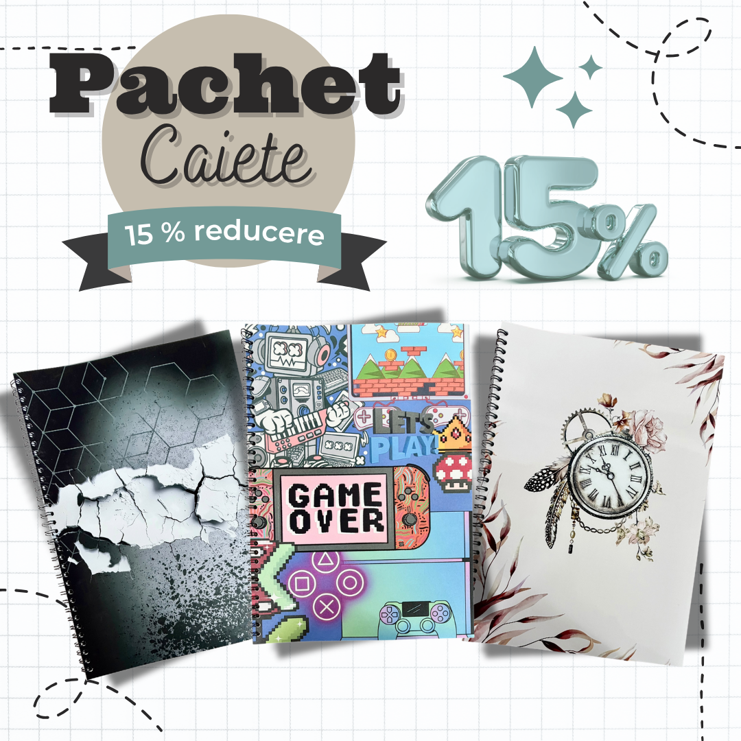 Pachet cu caiete ARAM NOTES, conține mai multe caiete pentru notițe și școală, în diverse culori și dimensiuni.